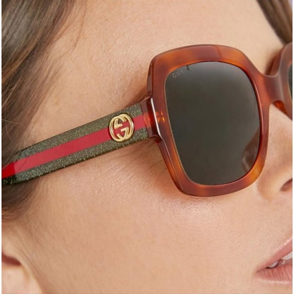 GUCCI Light Havana Square Sunglasses GG0036S 003 Havana/Green Glitter New in Box